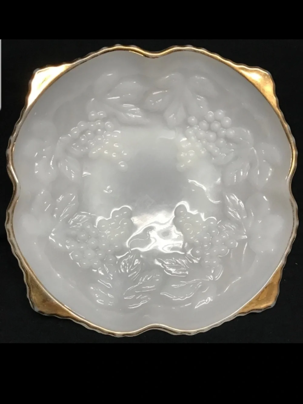 Vintage Anchor Hocking Milk Glass Grape Bowl Gold Trim Pedestal